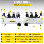 VEVOR stille luchtcompressor 100 L – 3 PK, olievrij, 8 bar, 495 L/min – koperen motor – Image 4